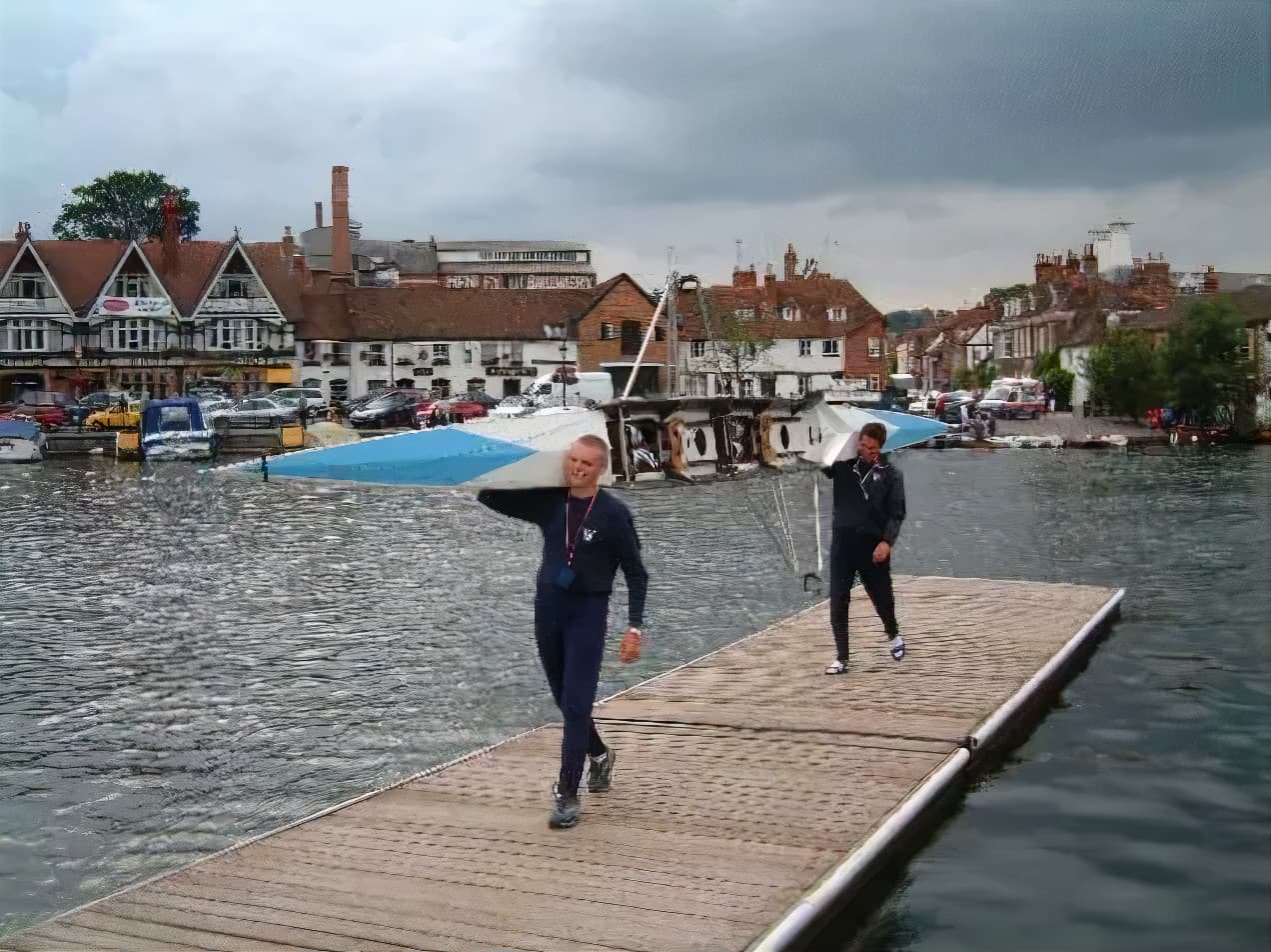 Sam Hogsbjerg and Aidan Dunn carrying their pair at Henley in 2002.