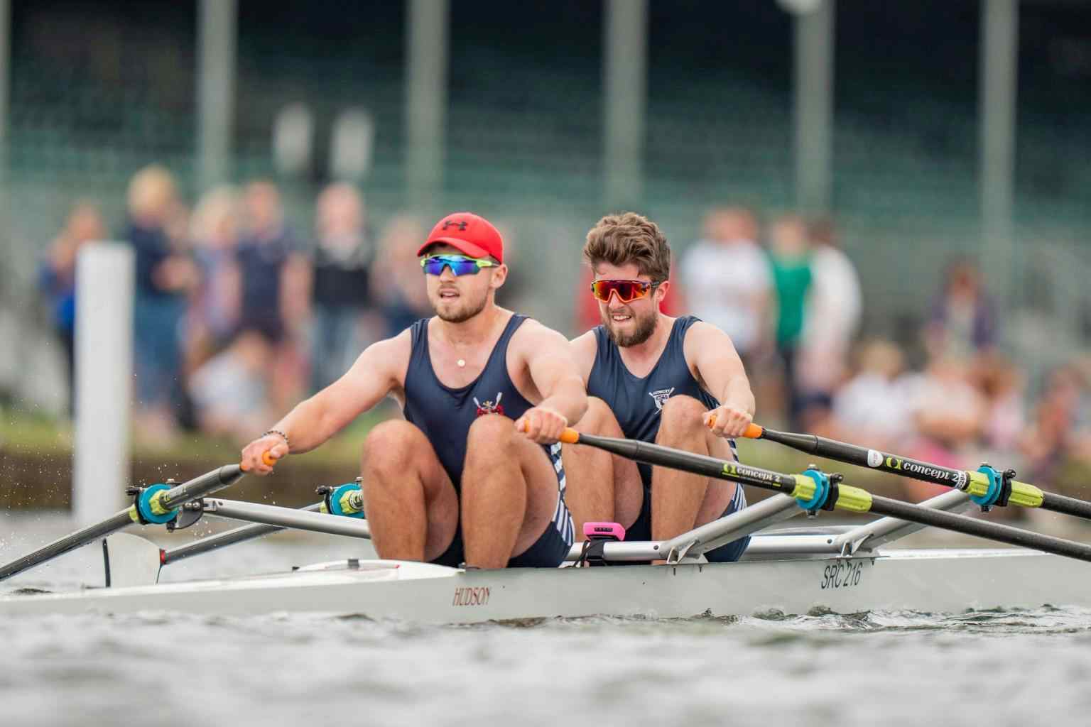 The two rowers in their double on the water in Henley. 