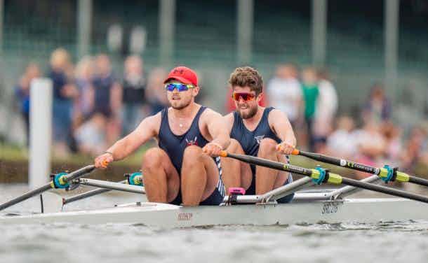 The two rowers in their double on the water in Henley. 