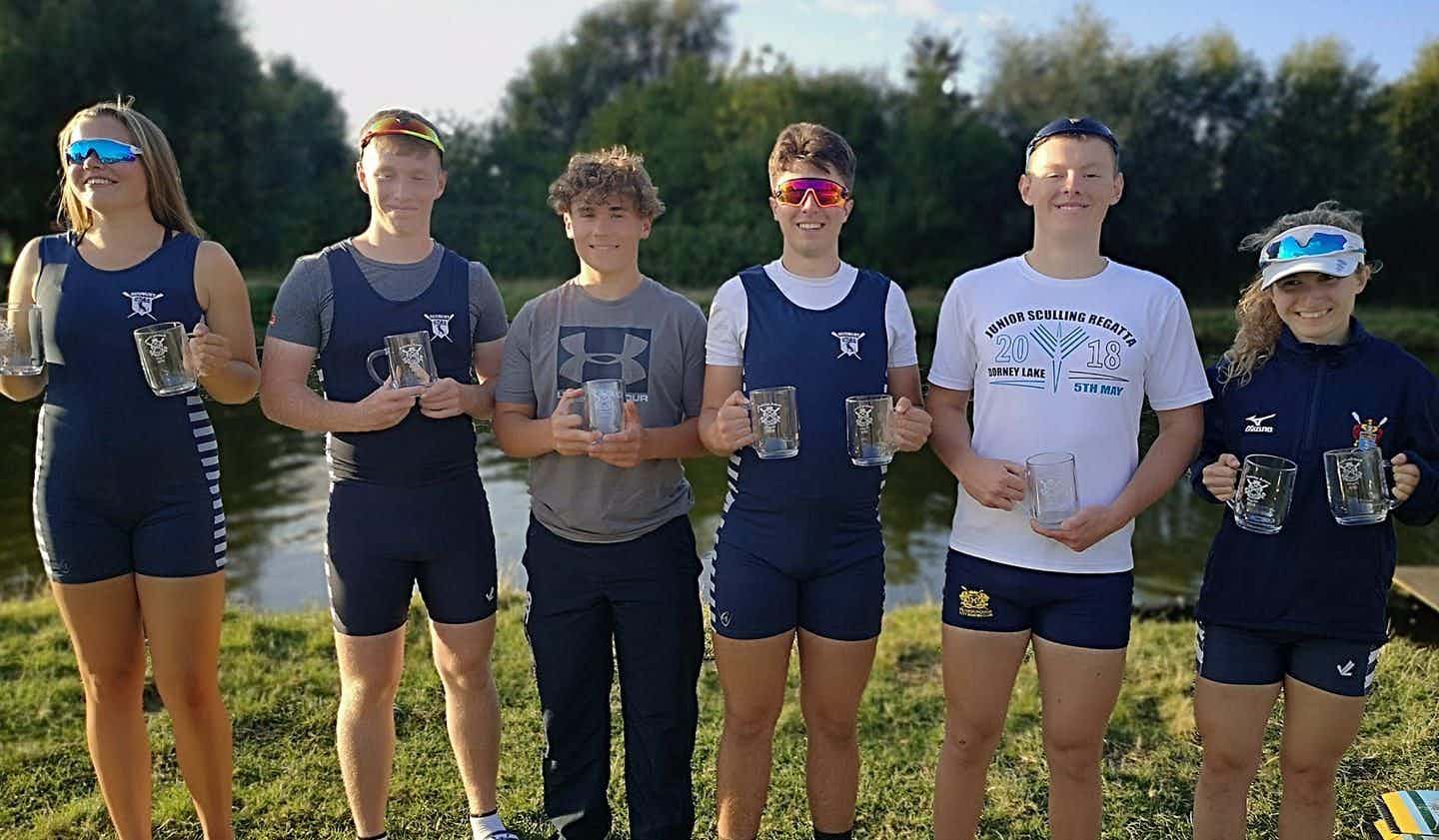 Sudbury juniors pose for a photo with their winners pots at the Cambridge Autumn Regatta 