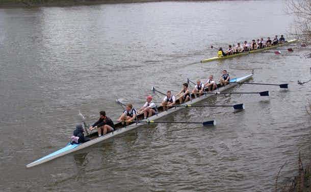 The Sudbury eight jostling for position on the tideway. 