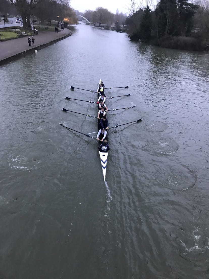 Men's Masters E Eight of Lee Adams, Paul Adams, Robin King, Austin Shaw, Kevin Fish, Chris Page, Sean Moriarty, Rob Frost and Tricia McGrillen (cox) at Bedford Head.