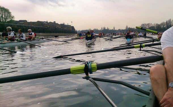 Taken from inside the Sudbury boat, crews politely jostle blades as they wait for the start.