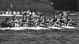 A black and white photo of the women’s eight. 