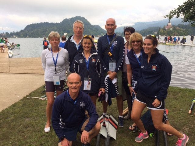 Rosemary Hogsbjerg, Jeremy Milbank, Sarah Stirling, Alan Muir, Tracy Muir, Teresa Moriarty, SJ Gibbons and Sean Moriarty (front) at the World Masters Championships in Bled, Slovenia.