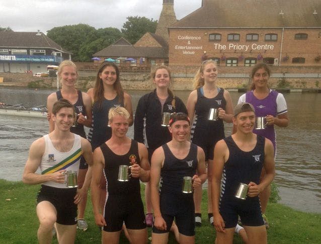 Mark Hughes, Tom Horton, Tom Bowles, Kieron Dibley, Zoe Rogers, Victoria Burgess, Amy Bowles, Molly Shaw and Ellie Archer – winners of the mixed eights event at St. Neots Regatta.